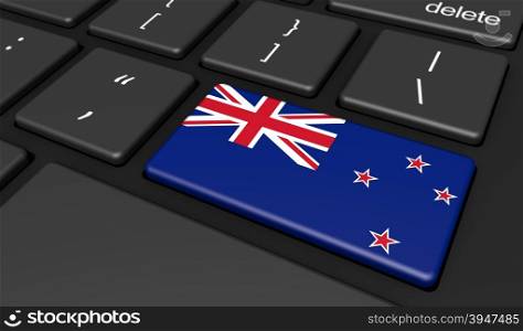 New Zealand digitalization and use of digital technologies concept with the New Zealander flag on a computer key.