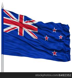 New Zealand Flag on Flagpole , Flying in the Wind, Isolated on White Background