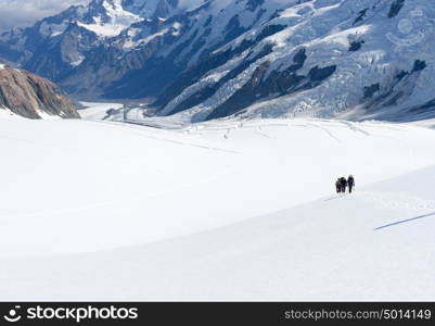 New Zealand. Group of people walking among snows of New Zealand Alps