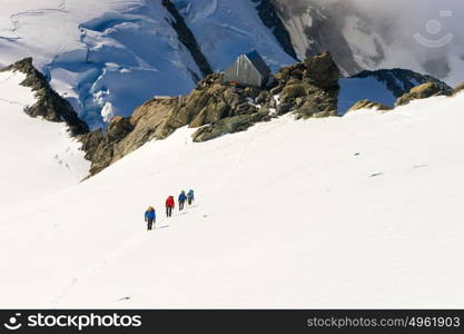 New Zealand. Group of people walking among snows of New Zealand mountains