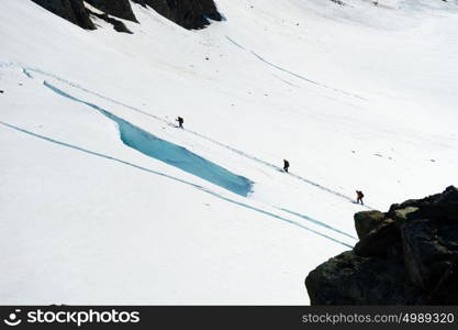 New Zealand. Group of people walking among snows of New Zealand mountains