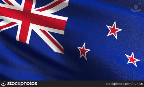New Zealand national flag blowing in the wind isolated. Official patriotic abstract design. 3D rendering illustration of waving sign symbol.