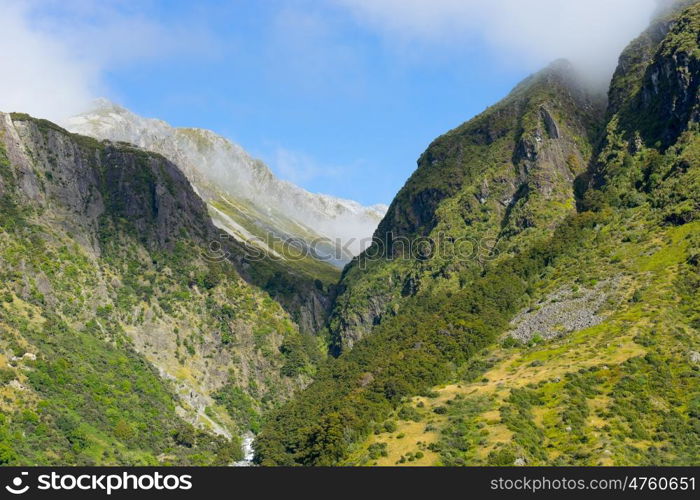 New Zealand. Natural landscape of green mountains and white fog