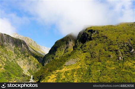 New Zealand. Natural landscape of green mountains and white fog