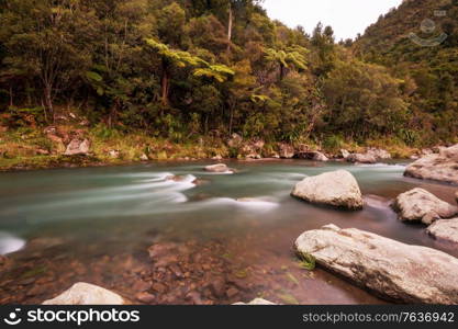 New Zealand River in the valley, beautiful mountains landscapes