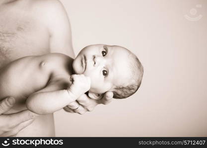 Newborn baby girl in the fathers&#39; hands