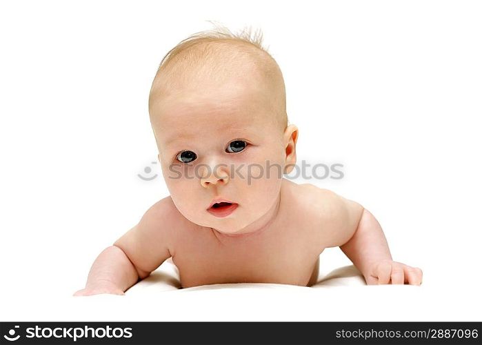 Newborn baby is crawling isolated on white