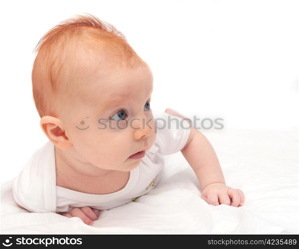 Newborn Baby Lying on Front on White Background