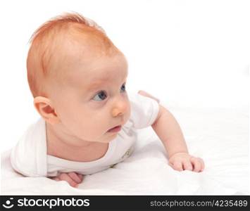 Newborn Baby Lying on Front on White Background