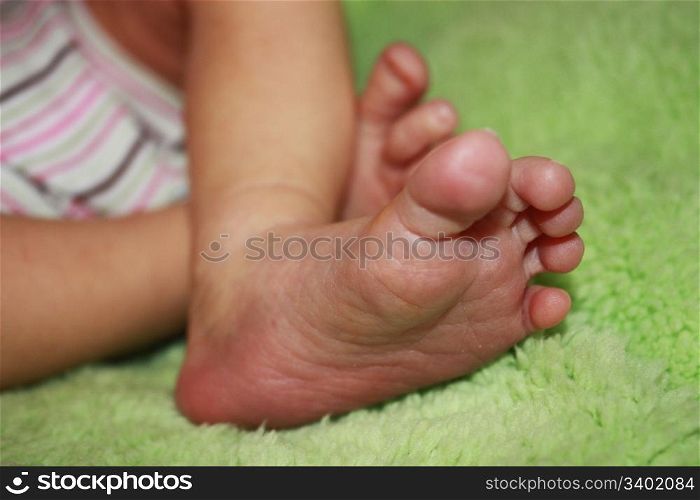 Newborn baby&rsquo;s feet laying on a soft green blanket