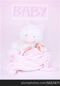 Newborn baby with teddy bear in the bed, cute pink bedroom for girl, text space, happy and healthy lifestyle, innocence concept