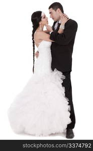 Newly married couple loving each other over white background