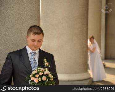 Newly-married couple. Pair young men in wedding day