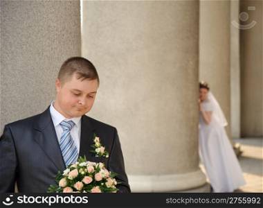 Newly-married couple. Pair young men in wedding day
