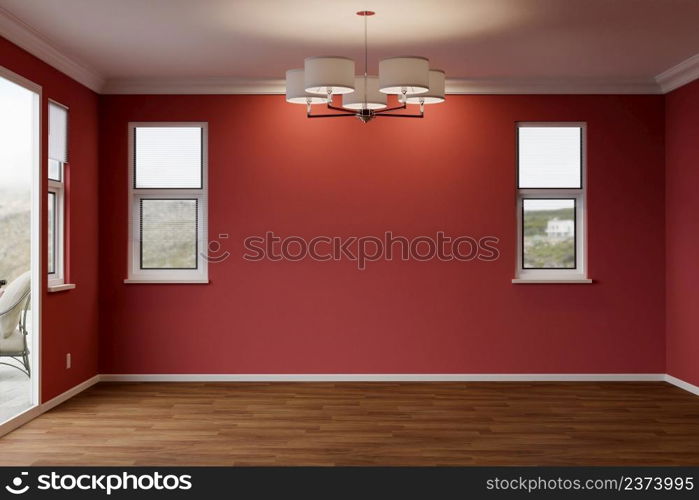 Newly Remodeled Room of House with Wood Floors, Moulding, Deep Red Paint and Ceiling Lights.