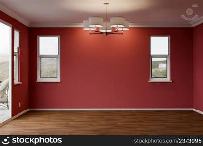 Newly Remodeled Room of House with Wood Floors, Moulding, Deep Red Paint and Ceiling Lights.