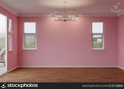 Newly Remodeled Room of House with Wood Floors, Moulding, Light Bubble Gum Pink Paint and Ceiling Lights.