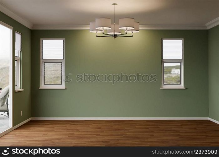 Newly Remodeled Room of House with Wood Floors, Moulding, Olive Green Paint and Ceiling Lights.