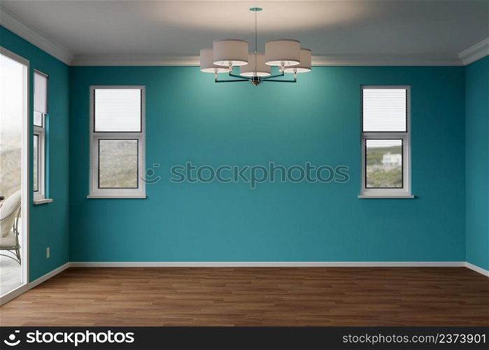 Newly Remodeled Room of House with Wood Floors, Moulding, Rich Blue Paint and Ceiling Lights.