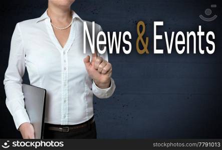 News and Events touchscreen is shown by businesswoman.. News and Events touchscreen is shown by businesswoman