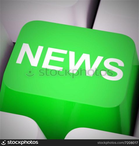 News concept icon means breaking stories and newsflash. Journalistic comments and global reports - 3d illustration. News Computer Key In Blue Showing Media And Information
