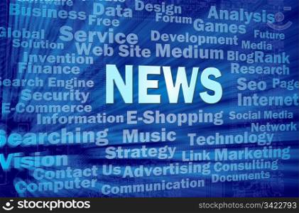News concept in blue virtual space with internet related words