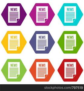 News newspaper icon set many color hexahedron isolated on white vector illustration. News newspaper icon set color hexahedron