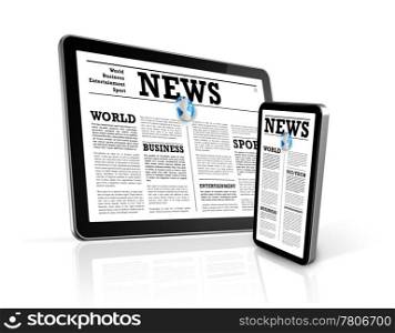 news on 3D mobile phone and digital tablet pc computer isolated on white. news on mobile phone and digital tablet pc computer