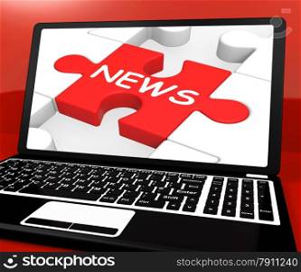 . News Puzzle On Notebook Showing Digital Newspapers And Online Media