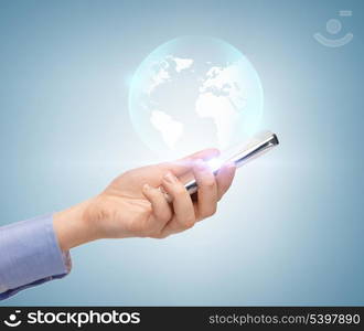 news, technology and environment concept - woman hand with sphere globe