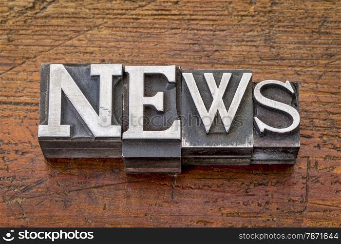 news word in vintage metal type printing blocks over grunge wood, mixed fonts in style and size