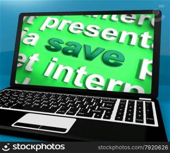 News Word On Laptop Shows Media And Information. Save Laptop Showing Promotions Sales Discount Or Clearance