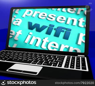 News Word On Laptop Shows Media And Information. Wifi Laptop Showing Internet Hotspot Wi-fi Access Or Connection