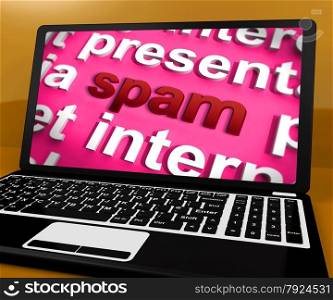 News Word On Laptop Shows Media And Information. Spam Laptop Shows Spamming Unsolicited And Malicious Email Inbox
