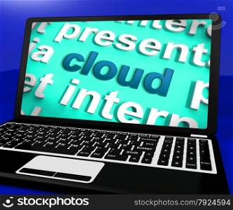 News Word On Laptop Shows Media And Information. Cloud On Laptop Showing Network Computing Or Networking Services