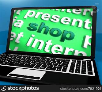 News Word On Laptop Shows Media And Information. Shop Laptop Showing Purchases From Web Store