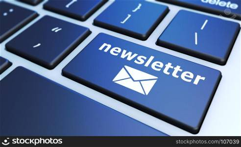Newsletter concept with sign and email icon on a computer keyboard button 3D illustration.