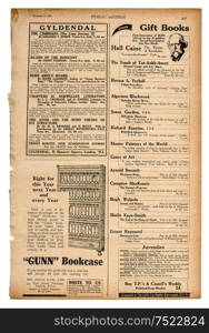 Newspaper page with english text and advertisement. Vintage magazine from 1923