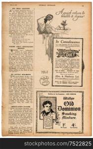 Newspaper page with english text and advertising pictures. Vintage magazine from 1923