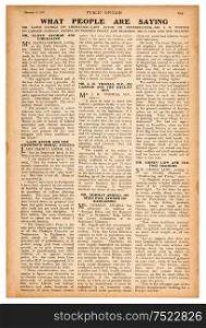 Newspaper page with english text. Vintage magazine from 1923
