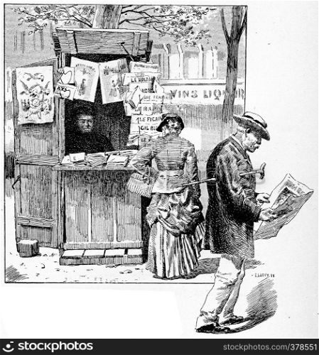 Newspaper seller in a suburb of Paris, vintage engraved illustration. Paris - Auguste VITU ? 1890.