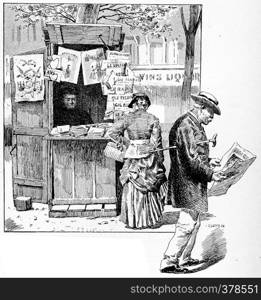 Newspaper seller in a suburb of Paris, vintage engraved illustration. Paris - Auguste VITU ? 1890.