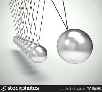 Newtons cradle pendulum with sphere or ball shows impact and effect. Swinging hypnotic physical experiment - 3d illustration