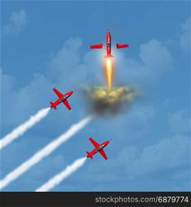 Next level of success and succeeding in business concept as a group of jets flying in the sky with one plane transforming into a rocket blasting upward as a motivational corporate idea as a 3D illustration.