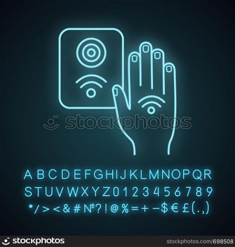 NFC reader neon light icon. RFID access control. Glowing sign with alphabet, numbers and symbols. NFC button and hand sticker. RFID elevator controller. Vector isolated illustration. NFC reader neon light icon