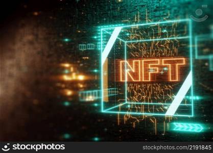 NFT digital art, Non-Fungible Token, blockchain technology. Cryptographic data block, collecting, unique pieces. Non-fungible cryptographic token. 3D render, 3D illustration. Copy space. NFT digital art, Non-Fungible Token, blockchain technology. Cryptographic data block, collecting, unique pieces. Non-fungible cryptographic token. 3D render, 3D illustration. Copy space.
