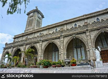 NHA TRANG, VIET NAM- AUG 25: Amazing stone church on day, ancient cathedral with impression detail, wonderful architecture, famous religious place, Nhatrang, Vietnam, Aug 25, 2015