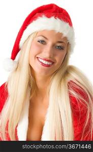 nic blond girl in santa claus dress looking in camera smiling