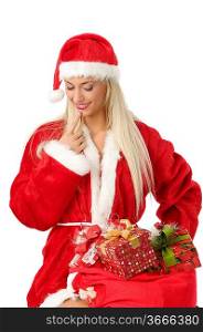 nice and blond santa claus with a lot of present looking hesitant