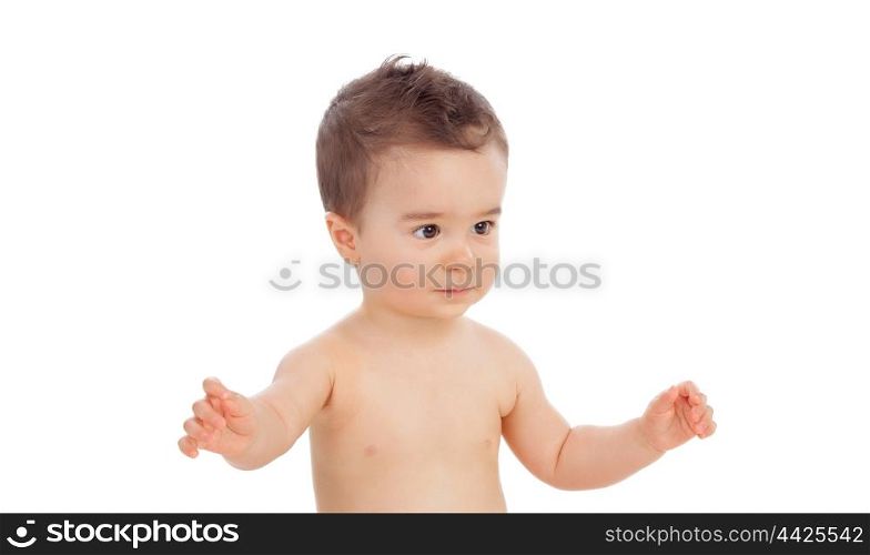 Nice baby raising his arms isolated on a white background